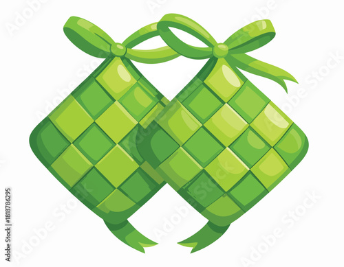 Two green diamond-shaped ketupat with bows, a festive food item often associated with Eid celebrations.