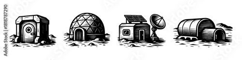 Space habitat vintage style engraving icons, lunar base set