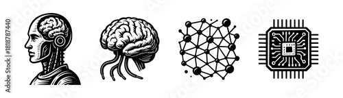 Cyber brain vintage style engraving icons, neural network ai set