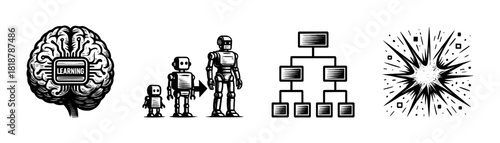 Neural network vintage style engraving icons, machine learning set