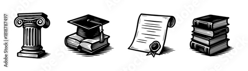 University education vintage style engraving icons, academic success set