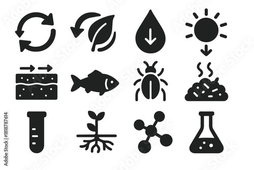 Ecosystem Energy Icons. Solid style icons of nutrient flux and energy flow: arrows, leaf, water droplet, sun, soil layers, fish,