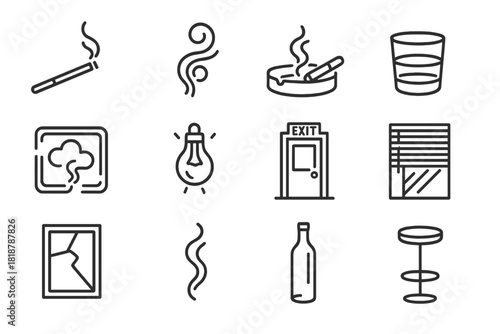Smoky Bar Icons. Line style icons of smoky atmosphere: cigarette holder, swirling smoke, ashtray, glass tumbler; neon sign,