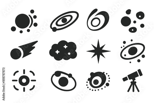 Planetary Formation Icons. Solid style icons of Planetary Accretion: accretion, protoplanetary disk, orbiting body, asteroid belt,