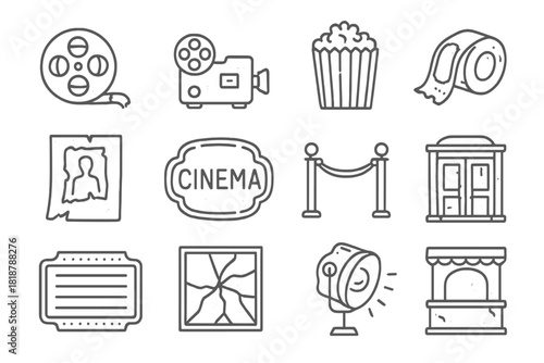 Derelict Cinema Icons. Line style icons of derelict cinema: film reel, projector, popcorn bag, ticket roll; faded poster, neon