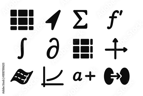 Solid Math Icons. Solid style icons of tensor calculus and mathematics: matrix, vector, sigma summation, derivative, integral,