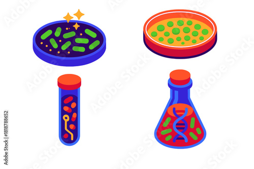 Genetic Organisms Icons. Isometric vector illustration set Genetically Engineered Organisms: Fluorescent bacteria colony,