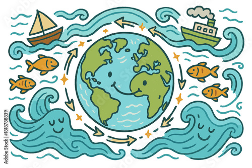 Cheerful Global Economy Map. Playful doodle global blue economy map with smiling continents, cartoon ocean currents waving,