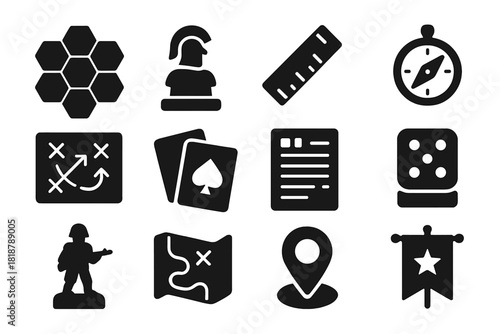 Strategy Game Icons. Solid style icons of Strategy Games: Hex Map, Army Token, Ruler, Compass, Battle Board, Card Deck, Reference