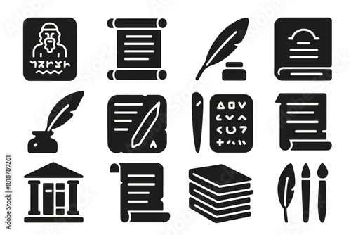 Literary Heritage Icons. Solid style icons of Literary Heritage: Gilgamesh tablet, Homeric scroll, Sanskrit manuscript, quill pen,