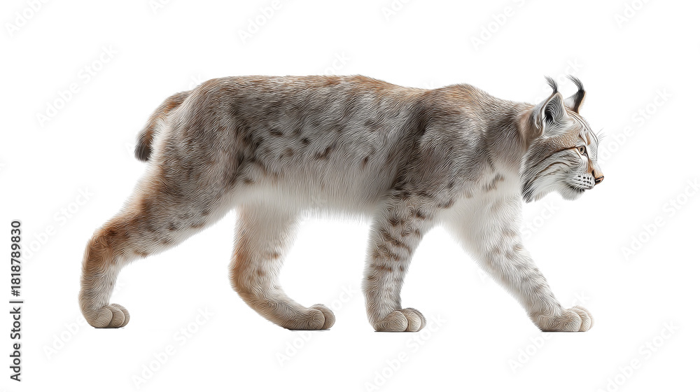 Fototapeta premium Wild Lynx in Profile Walking on White Background