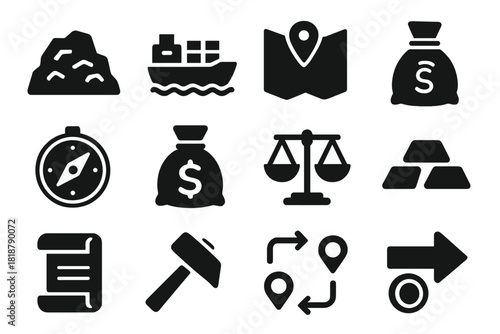 Metal Trade Icons. Solid style icons of provenance and trade of metals: ore, cargo ship, map, compass, bag, scale, scroll, hammer,