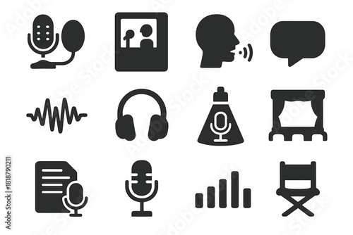 Voice Acting Icons. Solid style icons of voice acting: microphone with pop filter, sound booth, actor speaking, voice waveform,