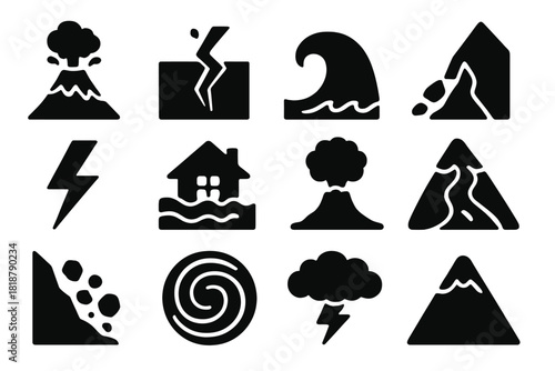 Natural Disaster Icons. Solid style icons of natural disasters in history: volcano eruption, earthquake crack, tsunami wave,