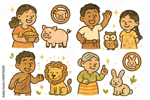 Playful Cultural Taboos. Cute doodle cultural taboos illustration with cheerful villagers, cartoon animals with faces, smiling