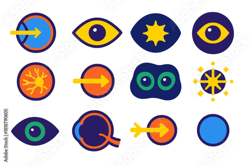 Nocturnal Eye Icons. Flat vector icons of tapetum lucidum adaptations: reflective layer, eye shine, nocturnal eye, retina, light