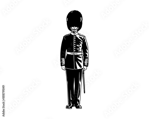 British Royal Guard Standing in Uniform with Bearskin Hat — Black and White Line Art Illustration