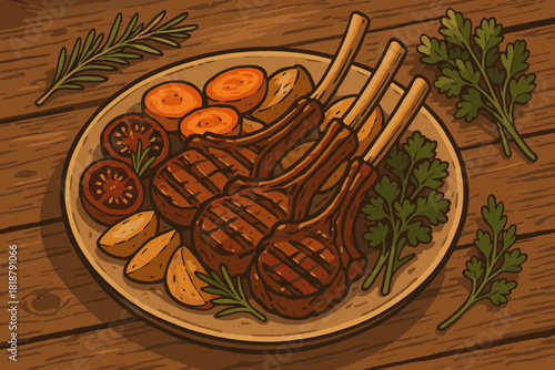 Rustic Culinary Delight. Rustic wooden table set with grilled lamb chops, roasted vegetables, and fresh herbs, warm natural