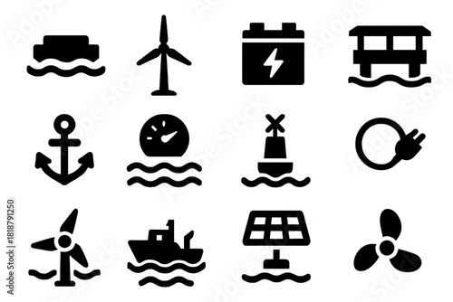 Oceanic Energy Icons. Solid style icons of Oceanic Renewable Energy: wave energy converter, offshore windmill, saltwater battery,