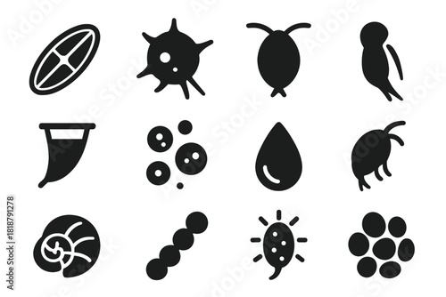 Oceanic Microfauna Icons. Solid style icons of Oceanic microfauna: diatom, dinoflagellate, copepod, rotifer, plankton net,