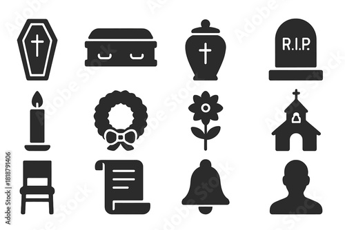 Funeral Icons Collection. Solid style icons of funeral and memorial practices: coffin, casket, urn, tombstone, candle, wreath,