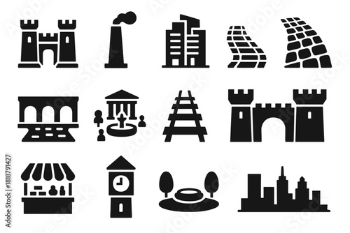 Historical Urban Icons. Solid style icons of Historical Urban Development: medieval castle, industrial chimney, postmodern