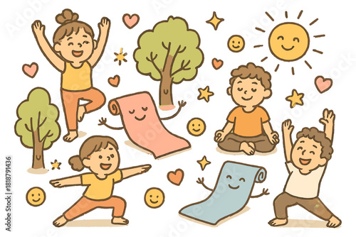Doodle Resilience Training. Adorable doodle resilience training with happy group exercises, smiling yoga mats, cartoon trees