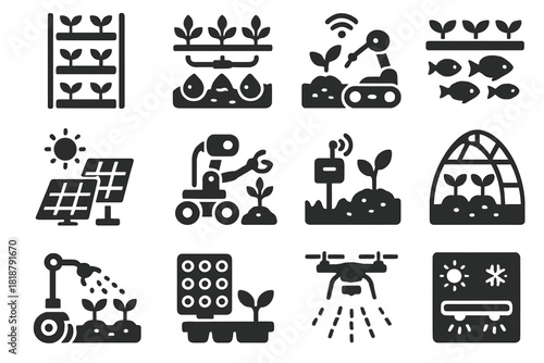 Futuristic Farming Icons. Solid style icons of futuristic sustainable agriculture: vertical farm, hydroponics, aquaponics, solar