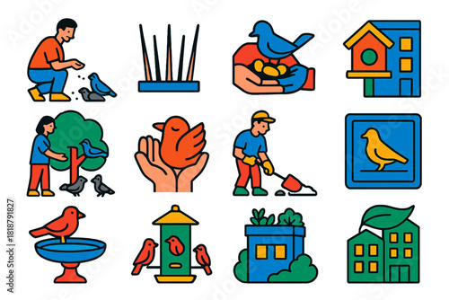 Human-Bird Coexistence Icons. Flat vector icons of Human-Bird Coexistence: feeding pigeons, bird deterrent spikes, nest relocation