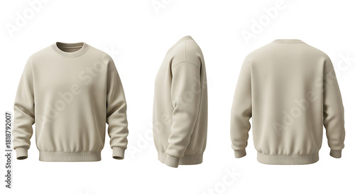 Blank unisex crewneck sweatshirt in a soft beige color, presented from multiple angles as a versatile apparel mockup for fashion design and branding purposes