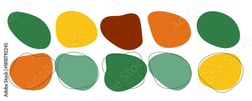 Contemporary set of simple, fluid oval shapes in inspired palette (Mustard, Teal, Terracotta, Green). Minimalist design of flat blot element, smooth curve border, unique template or layout guide