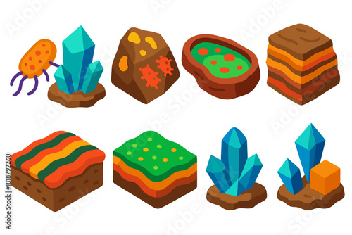 Geomicrobiology Icons Set. Isometric vector illustration set Geomicrobiology: microbe-induced mineralization, rock biofilms, acid