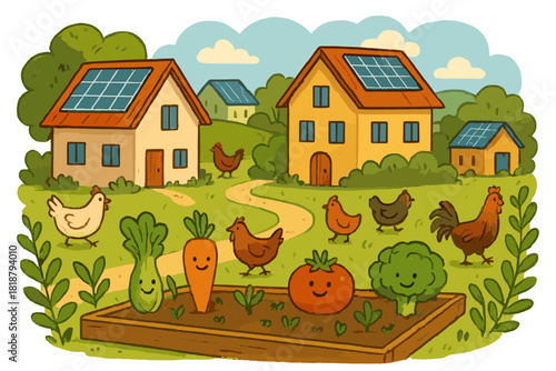 Eco Village Harmony. Self-sustaining ecosystem village with solar rooftops, chickens wandering freely, and smiling vegetable beds