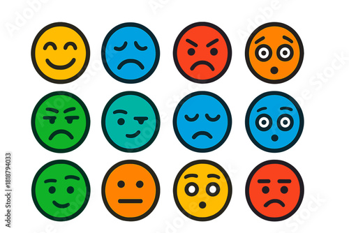 Emotion Icon Set. Flat vector icons of emotional expression categories: happiness, sadness, anger, fear, surprise, disgust,