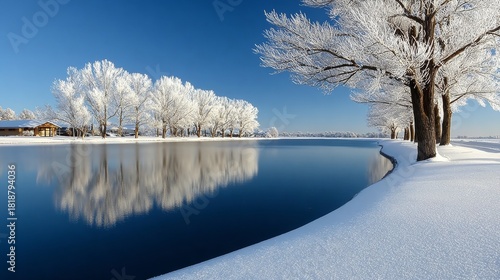 Breathtaking Winter Scene Snow-Covered Trees Mirrored in a Crystal Clear Blue Lake Under Bright Sun