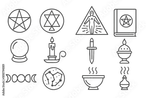 Occult Icons Collection. Line style icons of Occult Objects: Pentagram, Alchemical Symbol, Esoteric Drawing, Occult Seal; Crystal