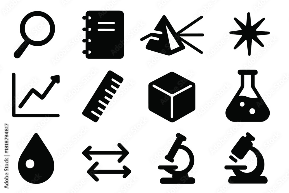 Fototapeta premium Triboluminescence Tools Icons. Solid style icons of observation and measurement in triboluminescence: magnifying glass, notebook,