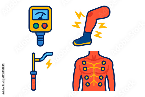 Muscle Stimulation Icons. Isometric vector illustration set Muscle Stimulation Apparatus: Handheld galvanic device, twitching limb