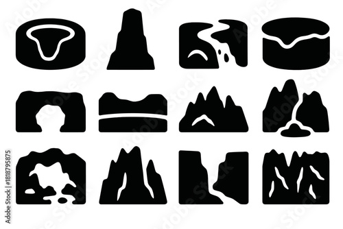 Karst Landscape Icons. Solid style icons of karst landscapes: sinkhole opening, limestone tower, disappearing stream, doline