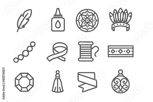 Ceremonial Adornment Icons. Line style icons of Ceremonial Adornment: Individual Feather, Adhesive, Intricate Pattern, Headdress;