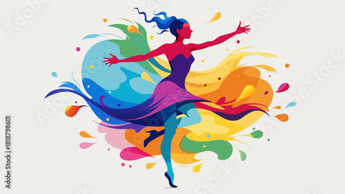Colorful Dancing Woman Silhouette Vector Art – Vibrant Gradient Pose, Artistic Paint Splash Effects, Modern Abstract Dance Illustration