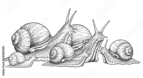Family of Snails A Detailed Black and White Illustration of Snails in a Row