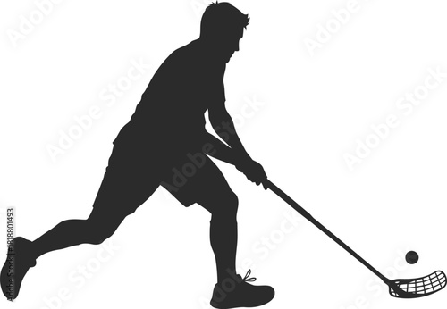 Floorball Player Silhouette Action Shot of Athlete Striking Ball with Stick during game or training