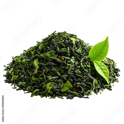 A mound of vibrant green loose leaf tea with fresh leaves on a black background.