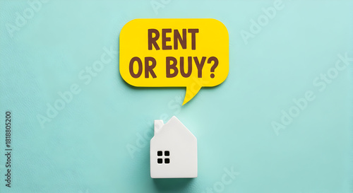 Considering the housing market and whether to rent or buy a new home, a simple house icon and speech bubble pose the question in a clear and concise way.