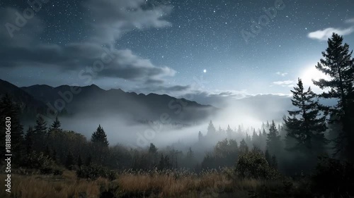 A breathtaking night landscape featuring a vast starry sky above a silhouetted mountain range. Thick fog rolls through the valley forest, surrounding pine trees in a mysterious mist while moonlight il