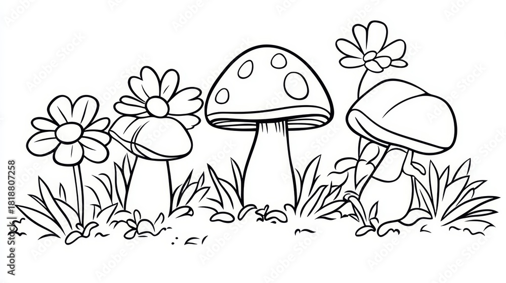 Naklejka premium Charming Daisy Field Coloring Page Featuring Hand-Drawn Mushrooms and Vibrant Flowers for Kids
