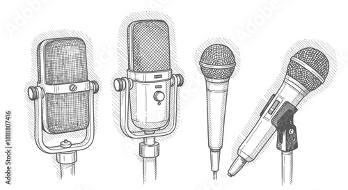 Vintage Microphones Art Classic Audio Recording Devices Illustration