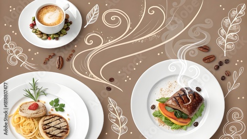 Wallpaper Mural gourmet cuisine doodle pattern with smoke curls and elegant plated meals
 Torontodigital.ca