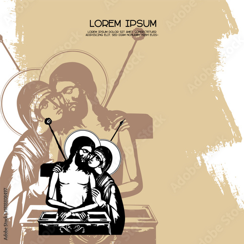 Religious vintage poster template with Jesus Christ King of Glory. Christian illustration in Byzantine style